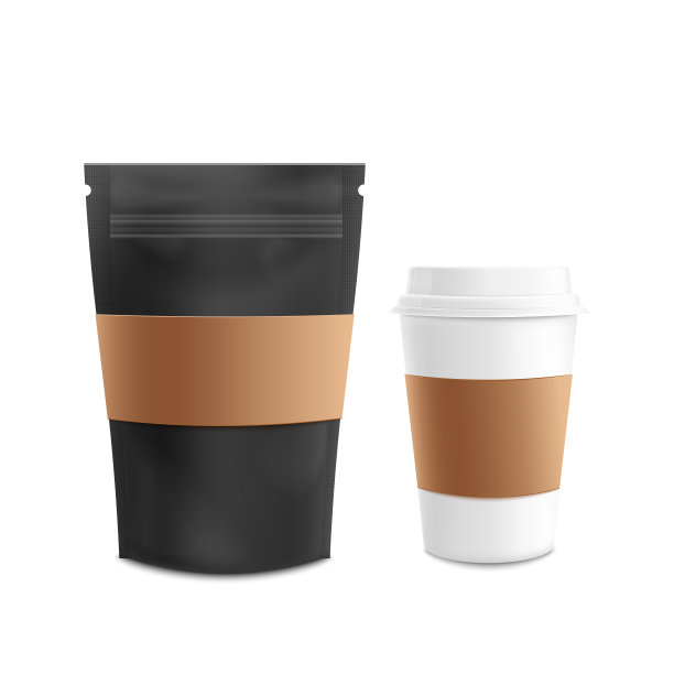 模型集站立空白黑色拉链袋和白色塑料杯写实风格图片下载