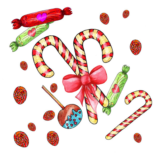 收集圣诞糖果，糖果拐杖孤立在白色的背景。素材图片
