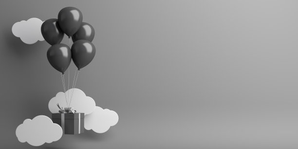 黑色星期五促销活动设计创意概念，热气球，礼盒，剪纸云在黑暗的背景。图片下载