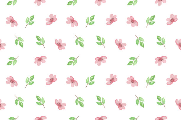 在白色的背景上重复浅粉色樱花和树叶的图案，简单的手绘插图图片下载