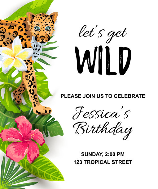 豹子带着热带的叶子，鲜花，狂野的派对邀请。图片下载