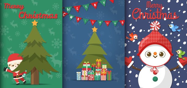 圣诞快乐用一套贺卡，可爱的卡通人物小圣诞老人，雪人，圣诞树，礼品盒，雪花卡。矢量插图。图片下载