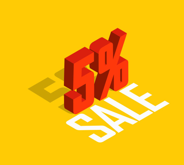5%折扣，出售，红色等距物体3D。黄色背景。Eps10向量。图片下载