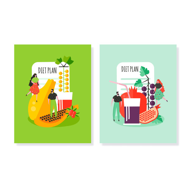 传单上有健康的素食，可爱的男女。节食模板横幅。图片下载