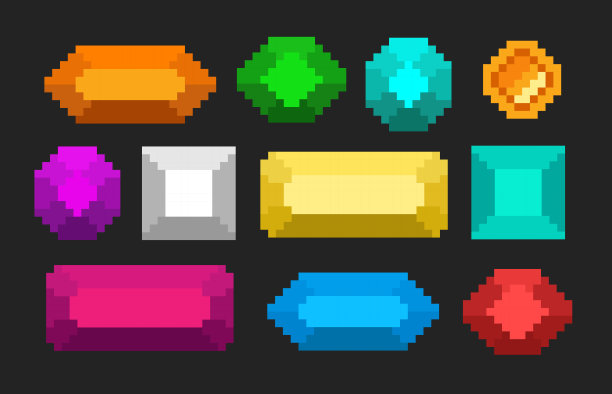 像素亮彩色钻石集孤立在黑色背景。图片下载