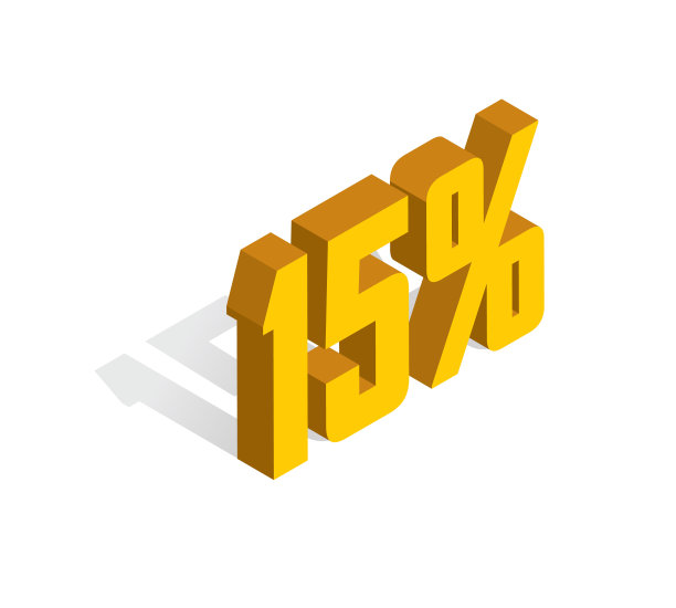 15%的折扣，销售，金黄色的物体3d。孤立的背景。eps10向量。图片下载