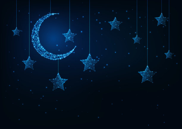 夜假日背景与未来的发光低聚新月和星星和深蓝色。图片下载