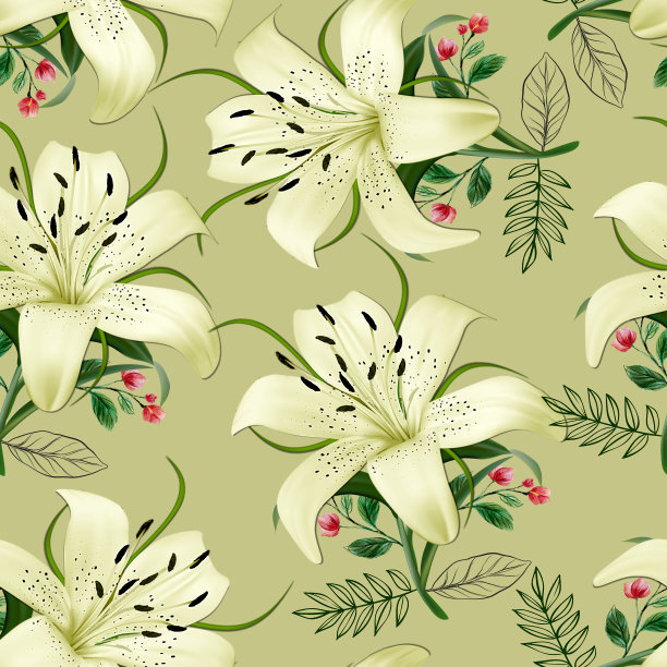 花印花百合与叶无缝图案设计图片下载