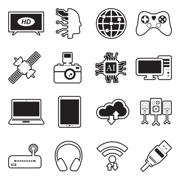 现代科技图标。组2。线条与填充设计。矢量插图。图片下载