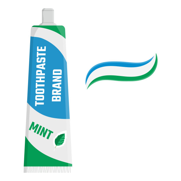 牙膏卡通模板与薄荷叶孤立的白色背景。牙齿保护，口腔护理，牙齿健康的概念设计牙膏包装，海报。矢量插图为任何设计。图片下载