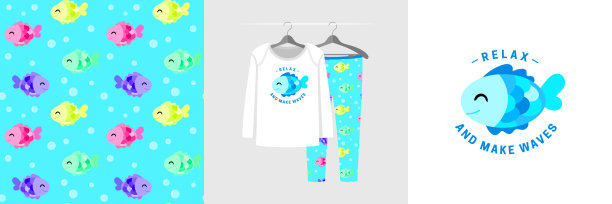 无缝模式和插图的孩子与鱼图片下载