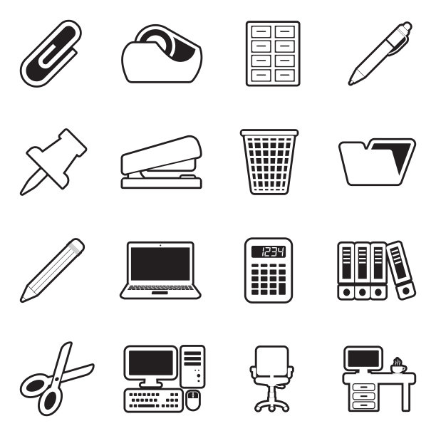 办公用品图标。线条与填充设计。矢量插图。图片下载
