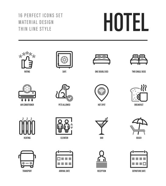 酒店细线图标集:等级、允许宠物、单人床、双人床、电梯、到达日期、出发日期、暖气、空调、接待、无线、早餐、酒吧。矢量插图。图片下载