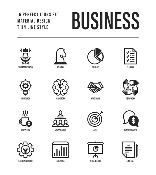 业务细线图标集。成功的象征，战略，财务规划，创新，头脑风暴，技术支持，分析，演示，合同，目标。矢量插图。图片下载