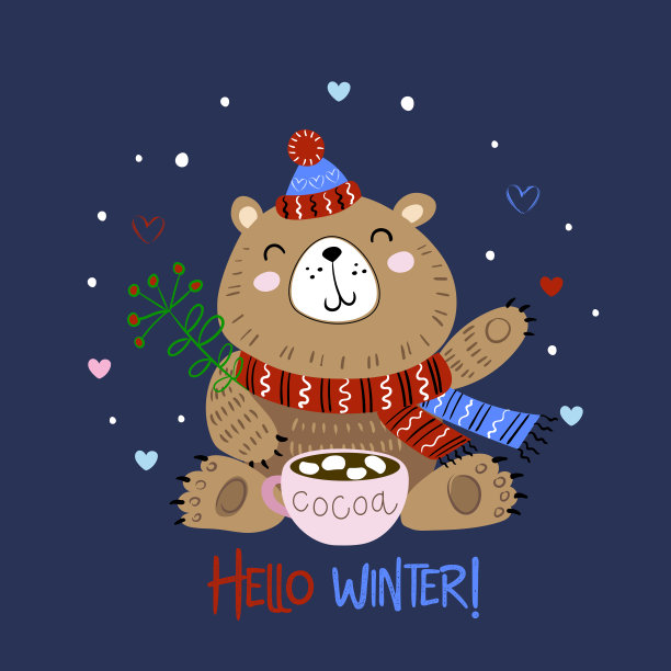 圣诞熊戴着一顶编织的帽子，喝着一杯可可。你好,冬天。刻字。向量图片下载