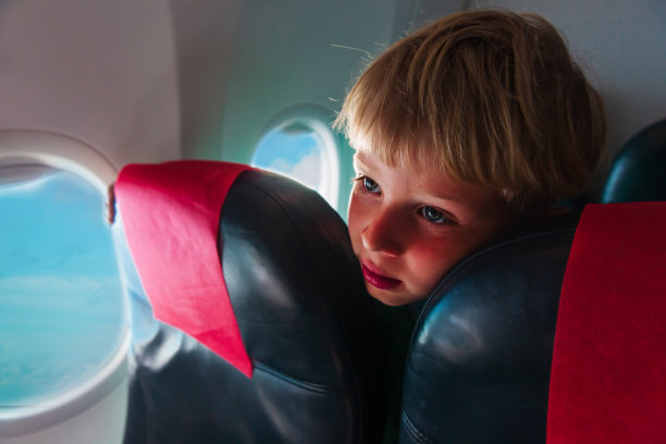 孩子们坐飞机旅行——可爱的小男孩在飞机上图片下载