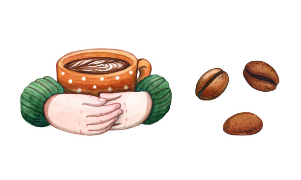 双手插在毛衣里，拿着装有咖啡豆的陶瓷杯图片下载