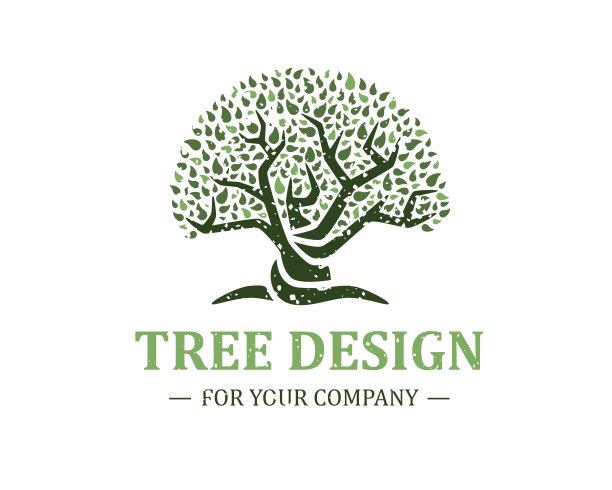 在白色背景上孤立的树符号。经典的设计。绿色和棕色。刻字。空间的文本。叶和根。简单的现代概念。圆形式。平面风格矢量插图。图片下载