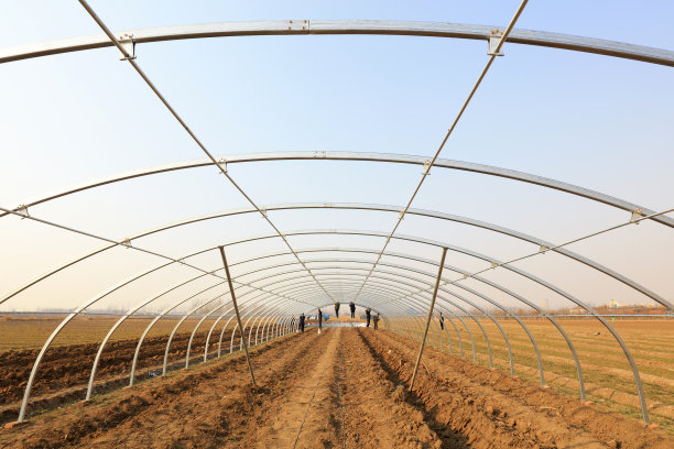 滦南县- 2018年3月22日:中国河北省滦南县，工人们正在建造一个椭圆形管全钢温室图片下载