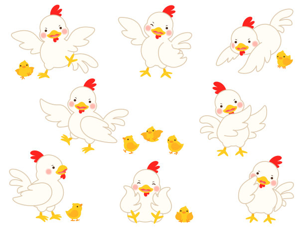插图一对鸡和小鸡在各种姿势图片下载