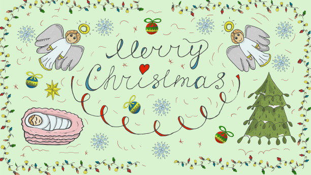 东正教等高线彩旗在圣诞节设计风格，在儿童涂鸦两个天使蜡笔，碑文婴儿耶稣雪花球图片下载