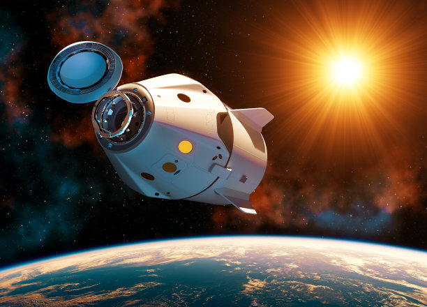在阳光下开放对接舱口的商业航天器图片下载