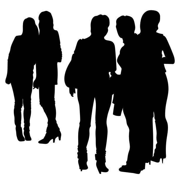 矢量剪影的五个女孩在牛仔裤和高跟鞋。前面和后面的女孩。图片下载