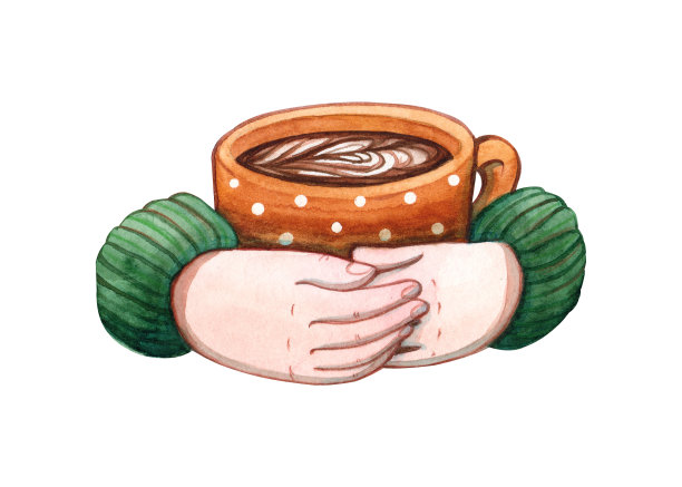 手绘水彩插图的人的手在毛衣抱着波尔卡点图案陶瓷杯与咖啡孤立在白色。热饮，拉花艺术和咖啡馆菜单设计元素图片下载