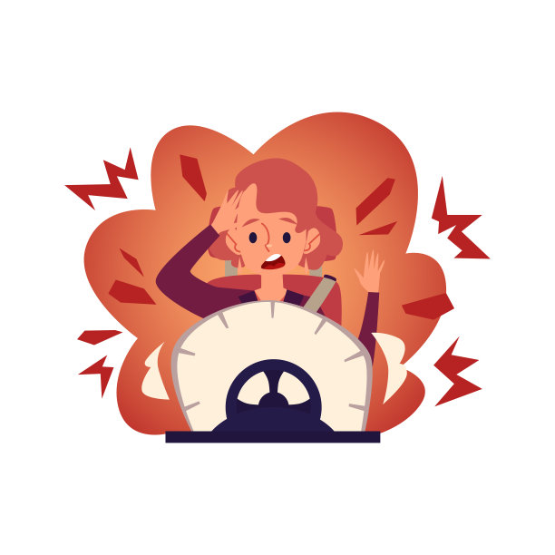 女司机在她的车有道路事故平面矢量插图孤立。图片下载