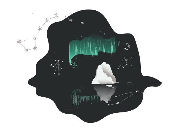 北极光-在夜晚的天空中，在水和冰之上的北极光。图片下载