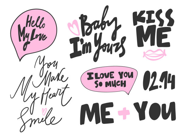 你好，爱，宝贝，吻，我，你，心，笑。矢量手绘插图集与卡通字母。图片下载