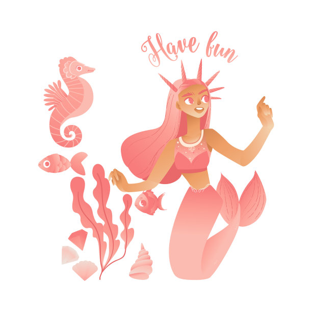 有乐趣的字母与粉红色美人鱼海洋生命矢量插图孤立。素材图片