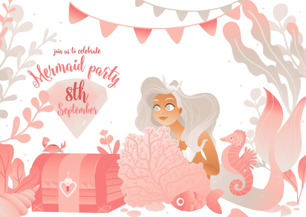 美人鱼派对邀请卡模板与可爱的海公主矢量插图。素材图片