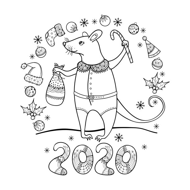 向量问候与轮廓快乐的老鼠与圣诞藤在黑色孤立。轮廓风格的中国新年标志。图片下载