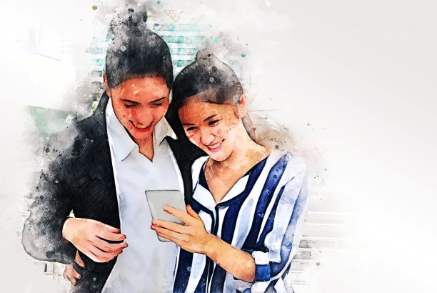 两个商业女性在谈论商业伙伴和办公大楼背景的水彩画背景。图片下载