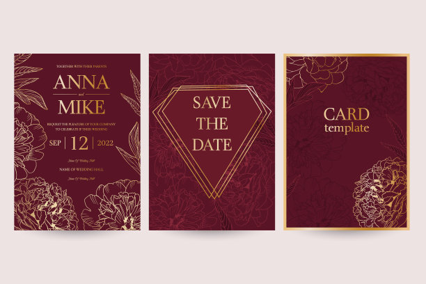 婚礼邀请花套装，谢谢，请回覆，保存日期卡设计与金牡丹深紫红色，优雅的乡村模板。手绘牡丹贺卡。矢量插图。图片下载