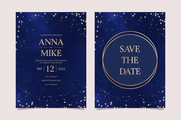 婚礼请柬宇宙设置在海军蓝与金色的框架和星星，谢谢，保存日期卡设计，夜空与星星，空间优雅质朴的背景，向量。图片下载