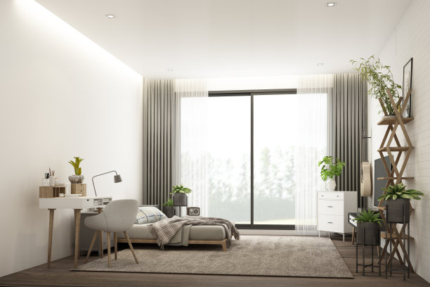 斯堪的纳维亚风格的白色房间内部，墙上有电视柜和工作台，带枕头和毯子的木床，橱柜和扶手椅。三维渲染图片下载