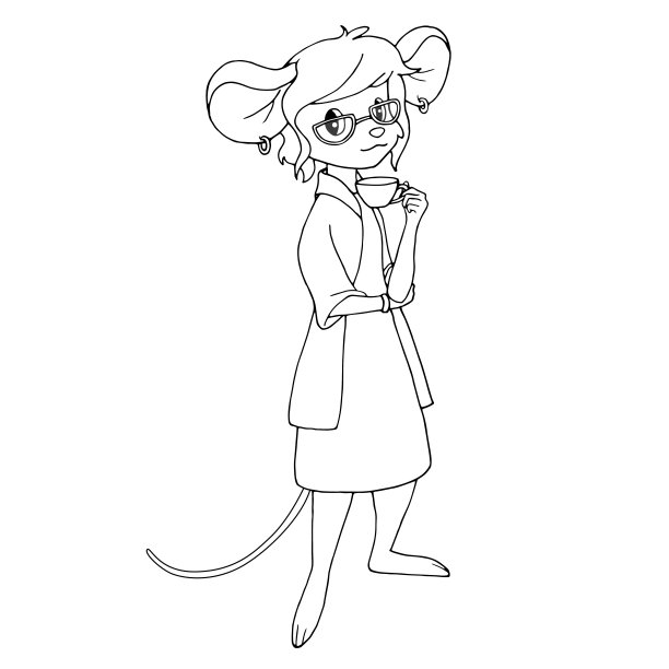 可爱的卡通鼠标拿着一杯茶。黑白矢量插图着色书。图片下载