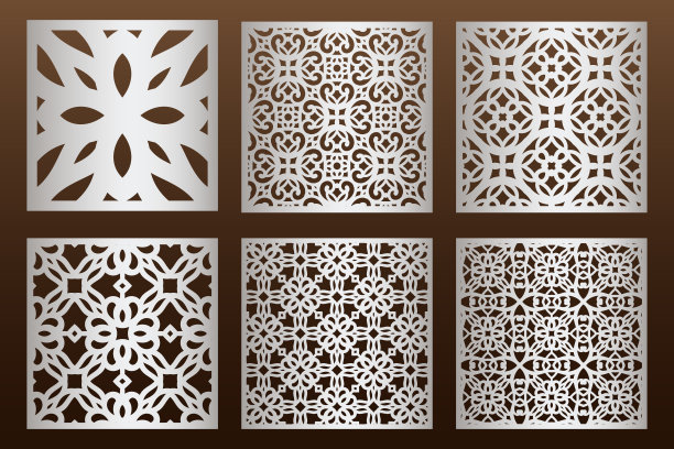 激光切割面板设置在阿拉伯风格，柜体微工丝网穿孔模板。用于切割外部的装饰面板模板。轮廓几何模式。金属、纸张或木雕。图片下载