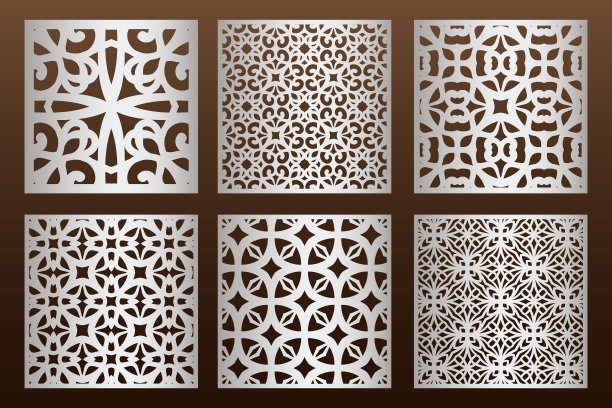 激光切割面板设置在阿拉伯风格，柜体微工丝网穿孔模板。用于切割外部的装饰面板模板。轮廓几何模式。金属、纸张或木雕。图片下载
