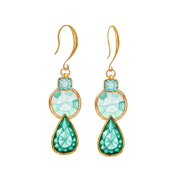 美丽的珠宝耳环。绿色祖母绿滴水晶和薄荷绿色方形和圆形宝石与黄金元素。水彩画吊坠与水晶上的金色链子在白色的背景。图片下载