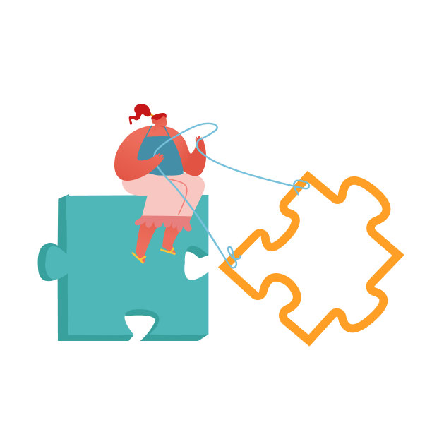 商业概念中的创意整合，问题和任务解决。女人坐在巨大的拼图元素上拉动另一部分建立建筑。卡通平面矢量插图图片下载