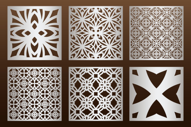激光切割面板设置在阿拉伯风格，柜体微工丝网穿孔模板。用于切割外部的装饰面板模板。轮廓几何模式。金属、纸张或木雕。图片下载