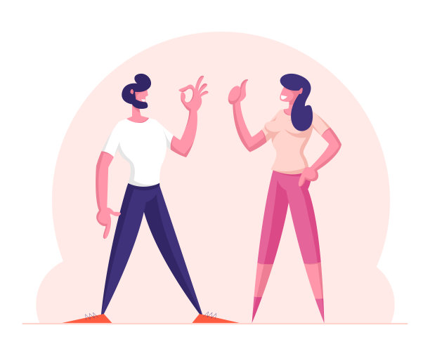 满意的男人和女人做Ok手势和竖起大拇指。积极情绪，认可符号。沟通和协议概念。商人成功的好交易。卡通平面矢量插图素材图片