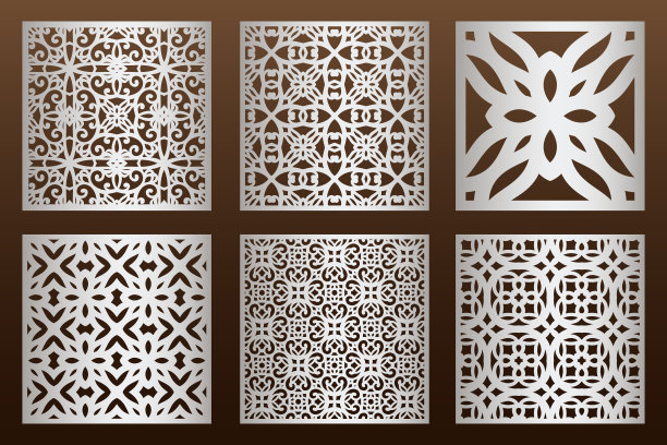 激光切割面板设置在阿拉伯风格，柜体微工丝网穿孔模板。用于切割外部的装饰面板模板。轮廓几何模式。金属、纸张或木雕。图片下载