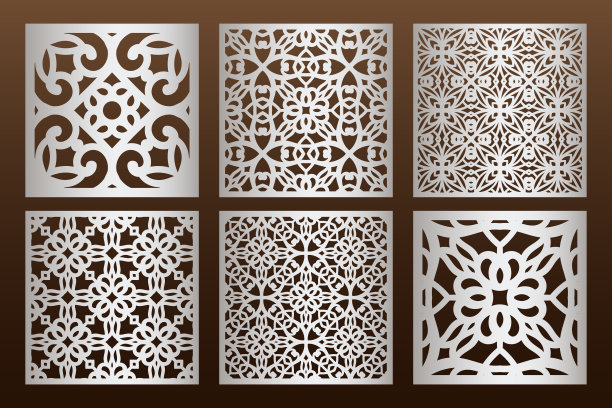 激光切割面板设置在阿拉伯风格，柜体微工丝网穿孔模板。用于切割外部的装饰面板模板。轮廓几何模式。金属、纸张或木雕。图片下载