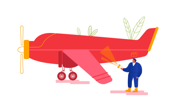 工程师在飞行前用手电筒检查机身照明，检查损坏情况。螺旋桨飞机的机械检查与维修。卡通平面矢量插图图片下载