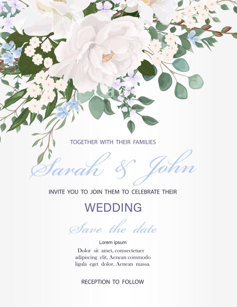 婚礼请柬与花牡丹和玫瑰，水彩，孤立在白色。图片下载