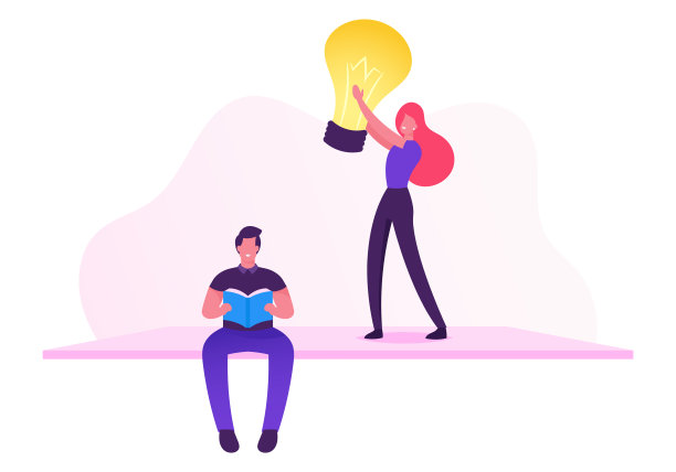 阅读关于电脑的书，拿着灯泡的女孩。从事软件开发、测试或程序编码工作的办公室职员或雇员。卡通平面矢量插图图片下载